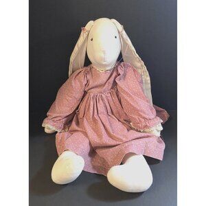 Vintage Handmade 25" Floppy Ear Bunny Rabbit Doll Polka Dot Dress w/Pink Ribbons